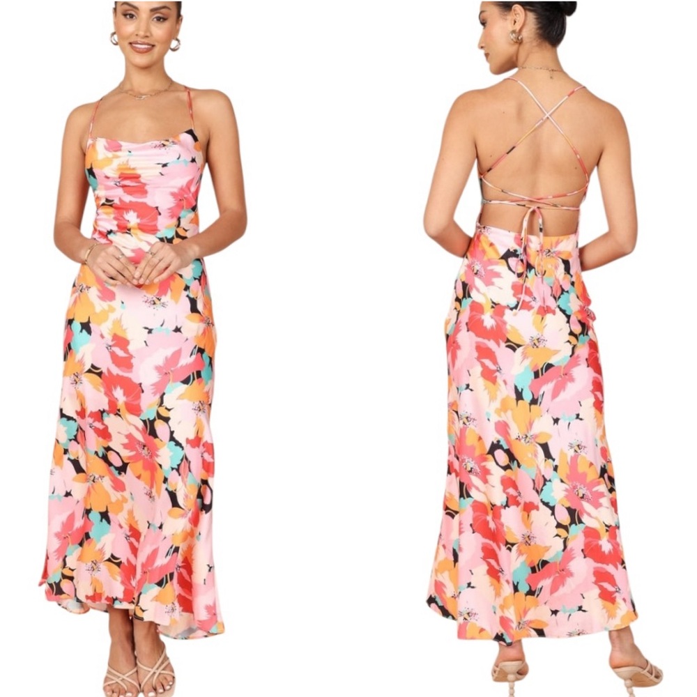 NWT Petal + Pup Posse Pink Floral Print Satin Crisscross Midi Slip Dress - L